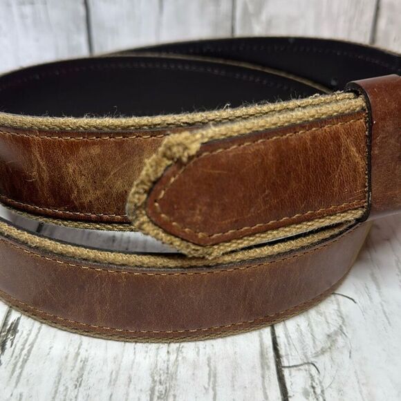 Men's BILL ADLER Belt Brown Leather Canvas Trim  Size 40 - Picture 2 of 8